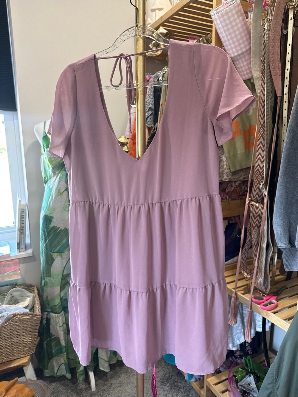 Show Me Your MuMu Lavender Tiered V-Neck Mini Dress medium boho - Picture 3 of 9